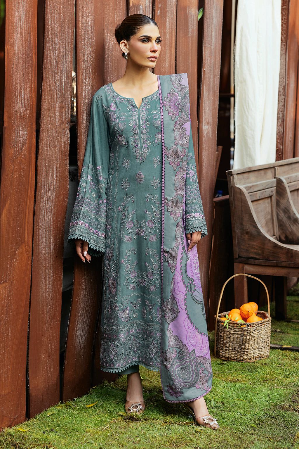 Reet By Ramsha - Three piece embroidered karandi suits with embroidered karandi shawls stitched & embellished | Original Ramsha Karandi Collection 2024 | R-1107