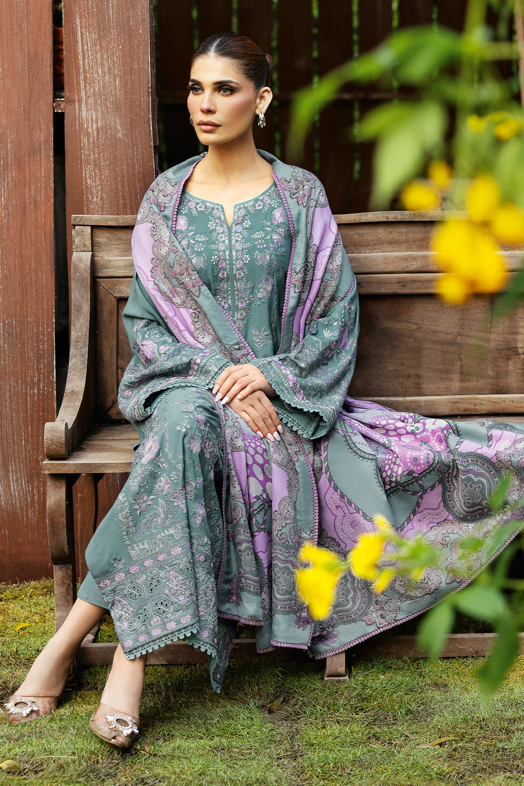 Reet By Ramsha - Three piece embroidered karandi suits with embroidered karandi shawls stitched & embellished | Original Ramsha Karandi Collection 2024 | R-1107