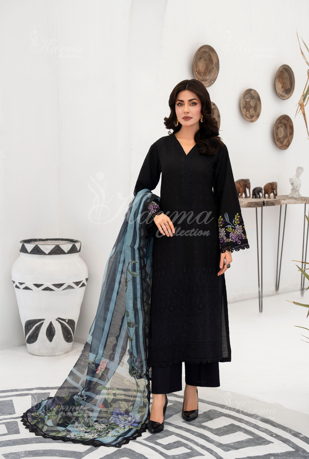 Afsana By KARMA COLLECTION (1389) Raven Black Chikankari Edit Latest Volume Causal 3 piece Suit