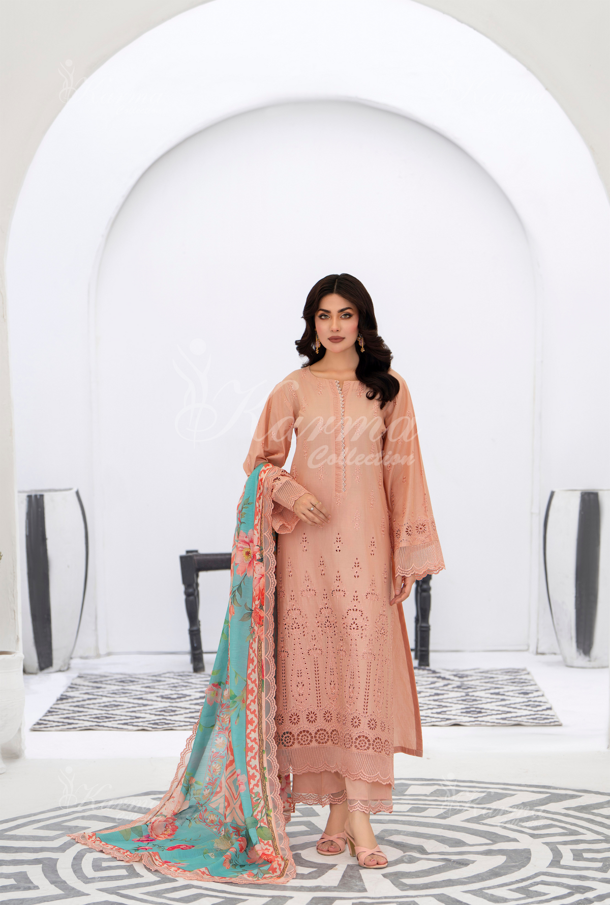 Afsana By KARMA COLLECTION (1390) Light SalmonChikankari Edit Latest Volume Causal 3 piece Suit