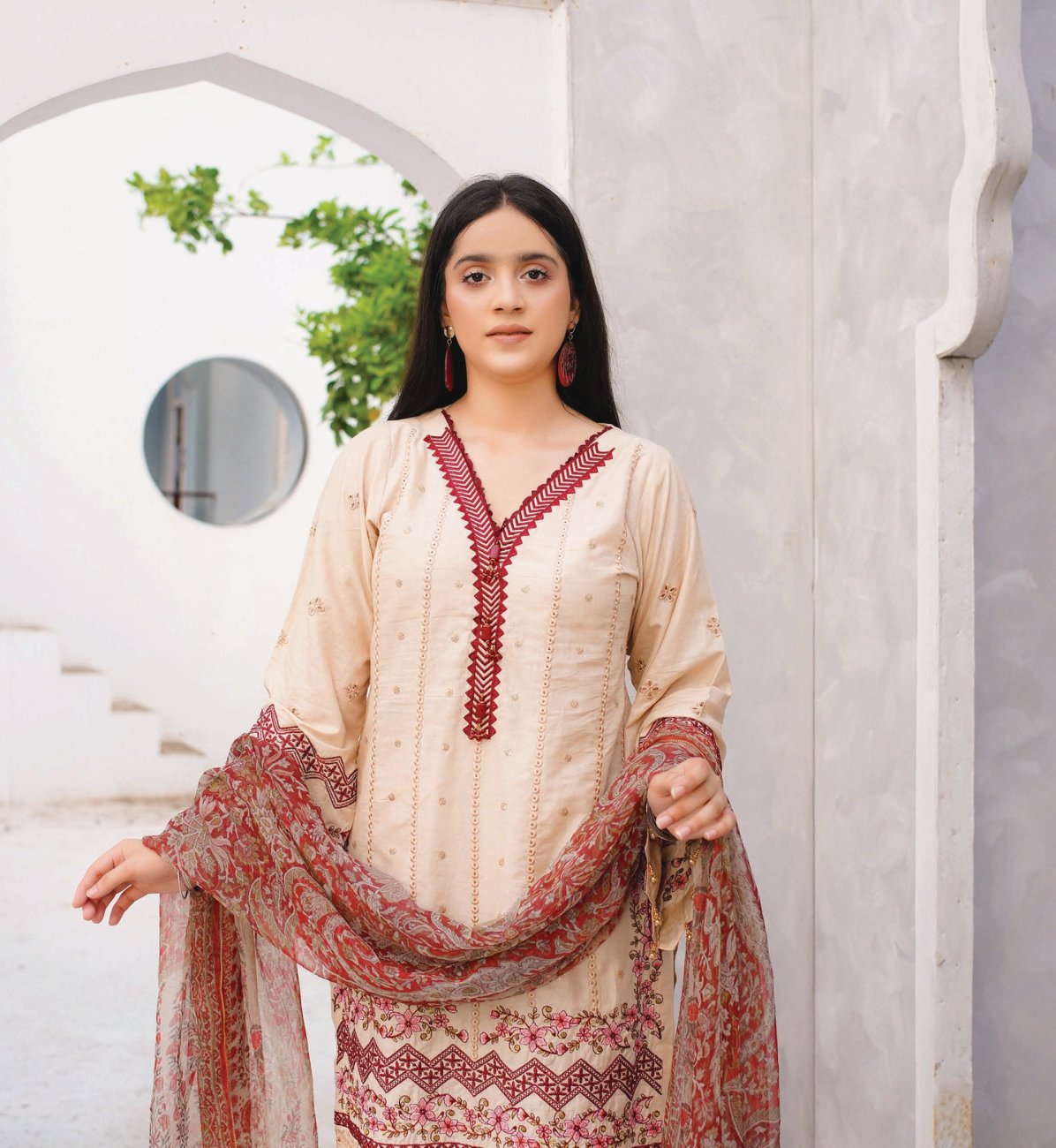3 Piece Cotton Chickenkari Embroidered With Boring Work Digital Print Chiffon Dupatta & Dyed Trouser Stitched