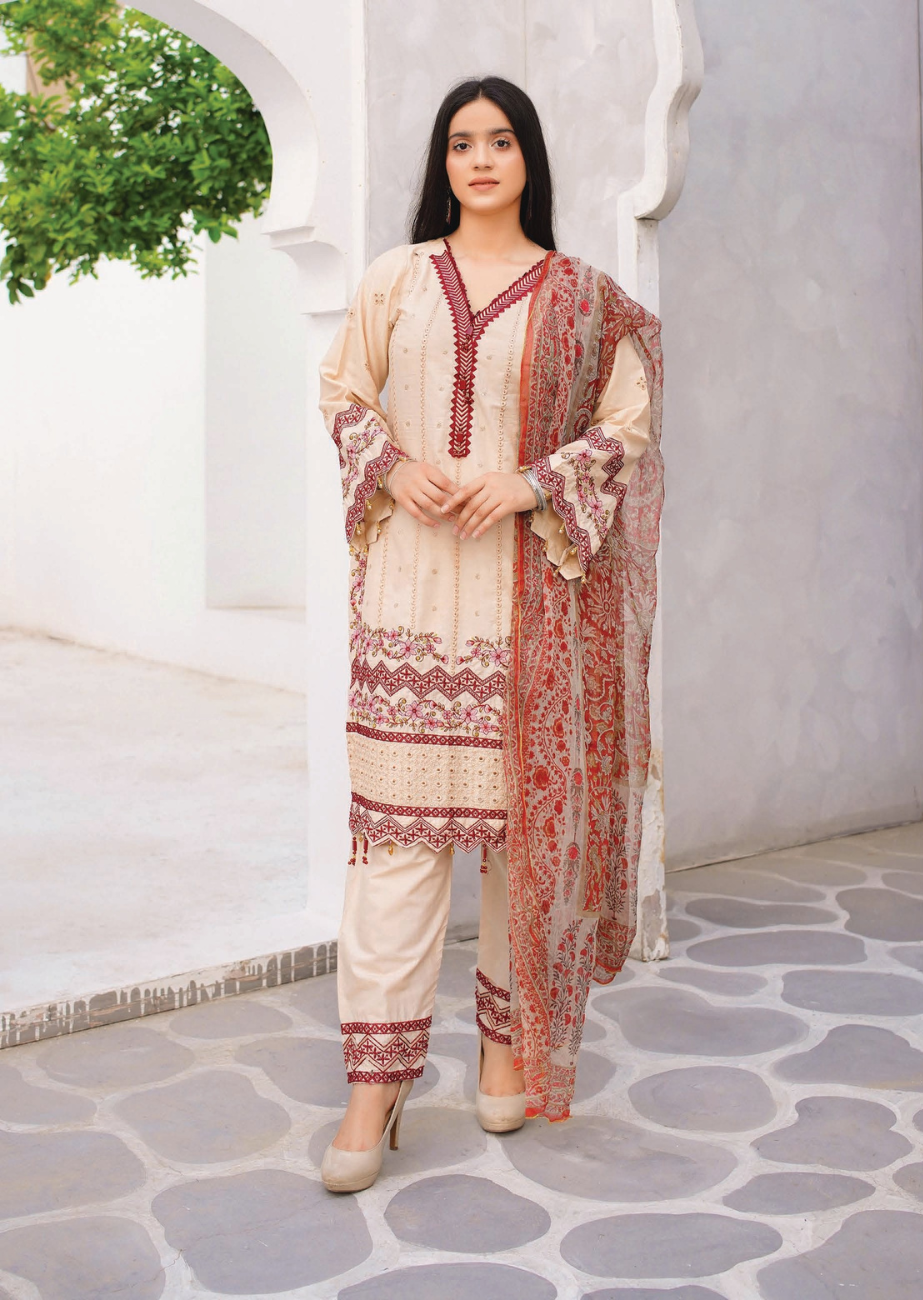 3 Piece Cotton Chickenkari Embroidered With Boring Work Digital Print Chiffon Dupatta & Dyed Trouser Stitched