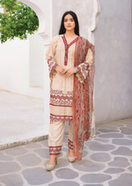 3 Piece Cotton Chickenkari Embroidered With Boring Work Digital Print Chiffon Dupatta & Dyed Trouser Stitched