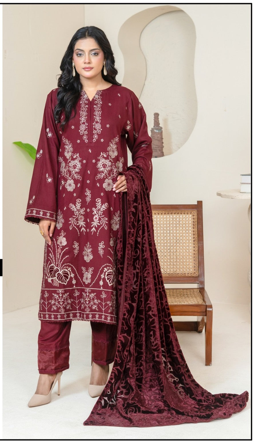 Winter Collection Dhanak Maroon with Palachi shawl 3Pc