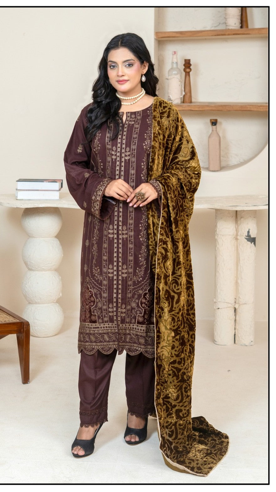 Winter Collection Dhanak Brown with Palachi shawl 3Pc
