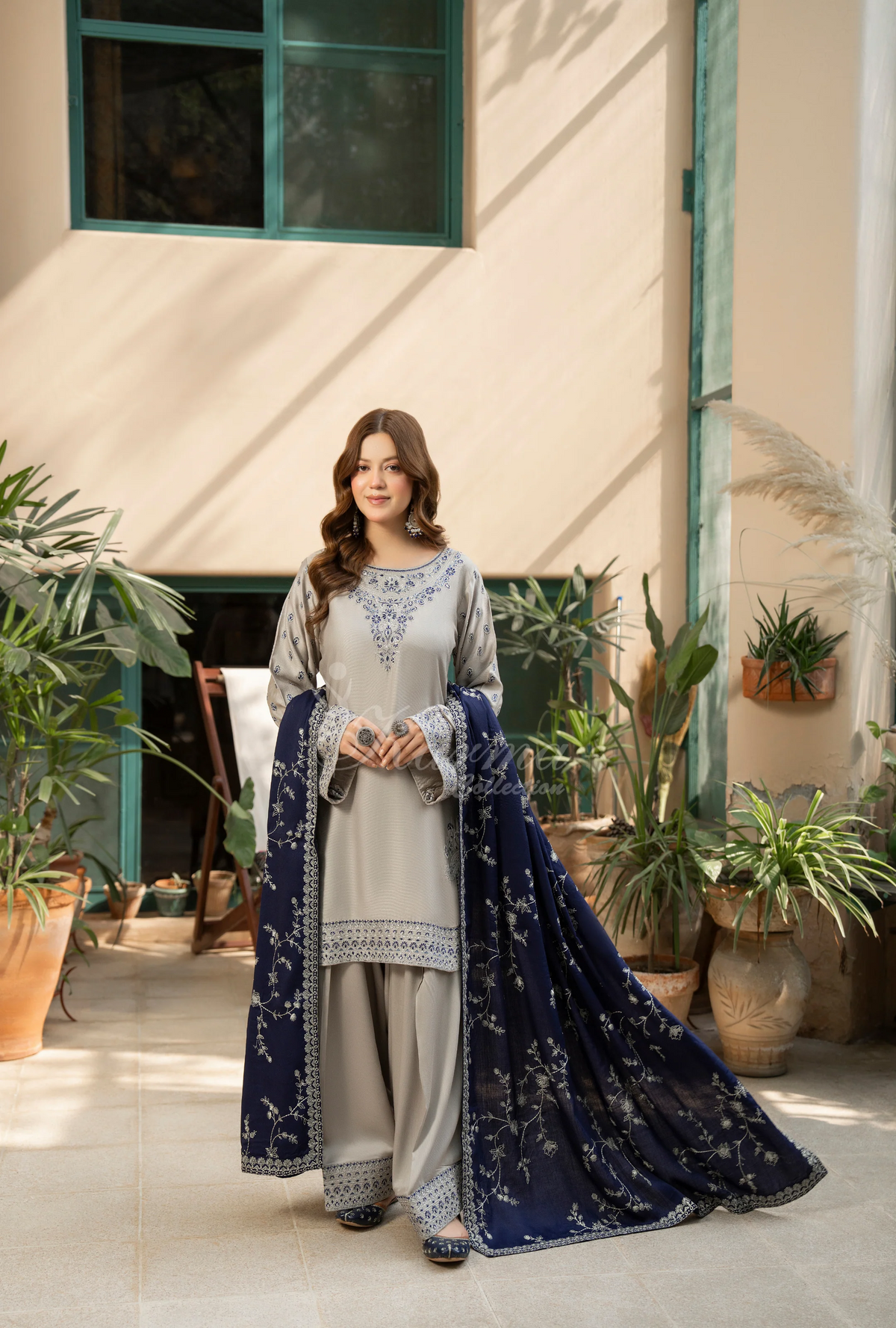 Karma Collection Winter Luxury Edition 3 Piece Embroidered Kotrai SILVER Shirt with Dupatta & Shalwar for Elegant Outfits KC-1523