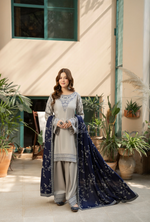 Karma Collection Winter Luxury Edition 3 Piece Embroidered Kotrai SILVER Shirt with Dupatta & Shalwar for Elegant Outfits KC-1523