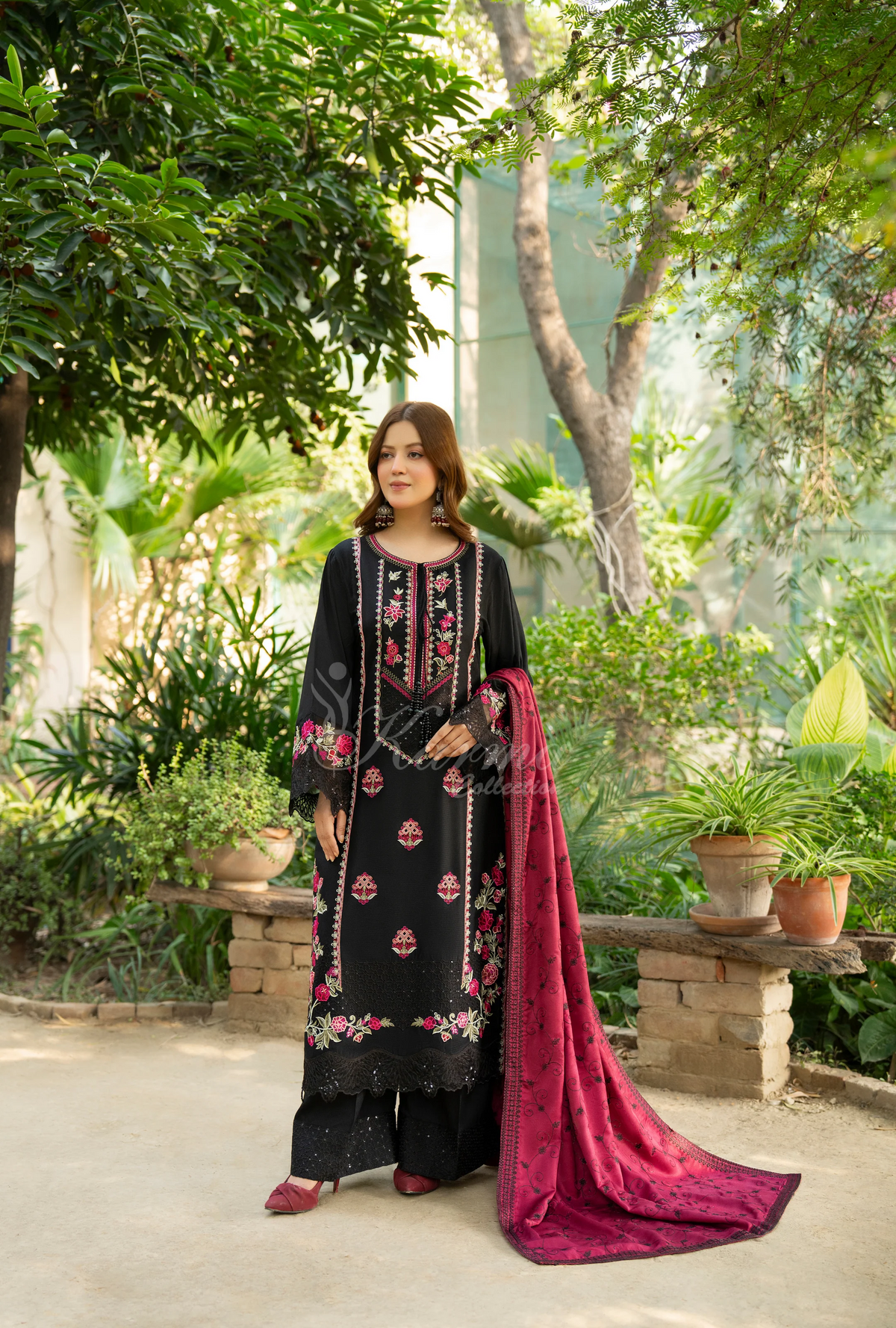 Karma Collection Winter Luxury Edition 3 Piece Embroidered Kotrai BLACK CHERRY Shirt withDupatta & Shalwar for Elegant Outfits KC-1529