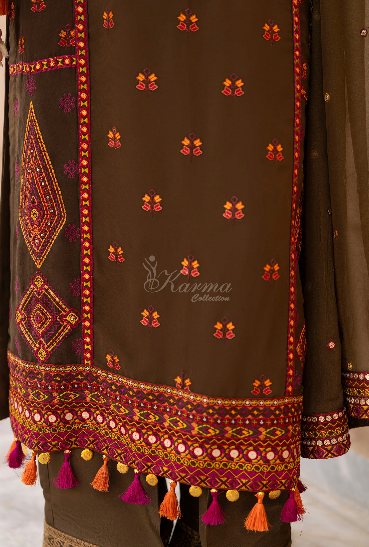 Chiffon 3 Piece Embroidered Hayat Karma Collection ANTIQUE OLIVE F-495