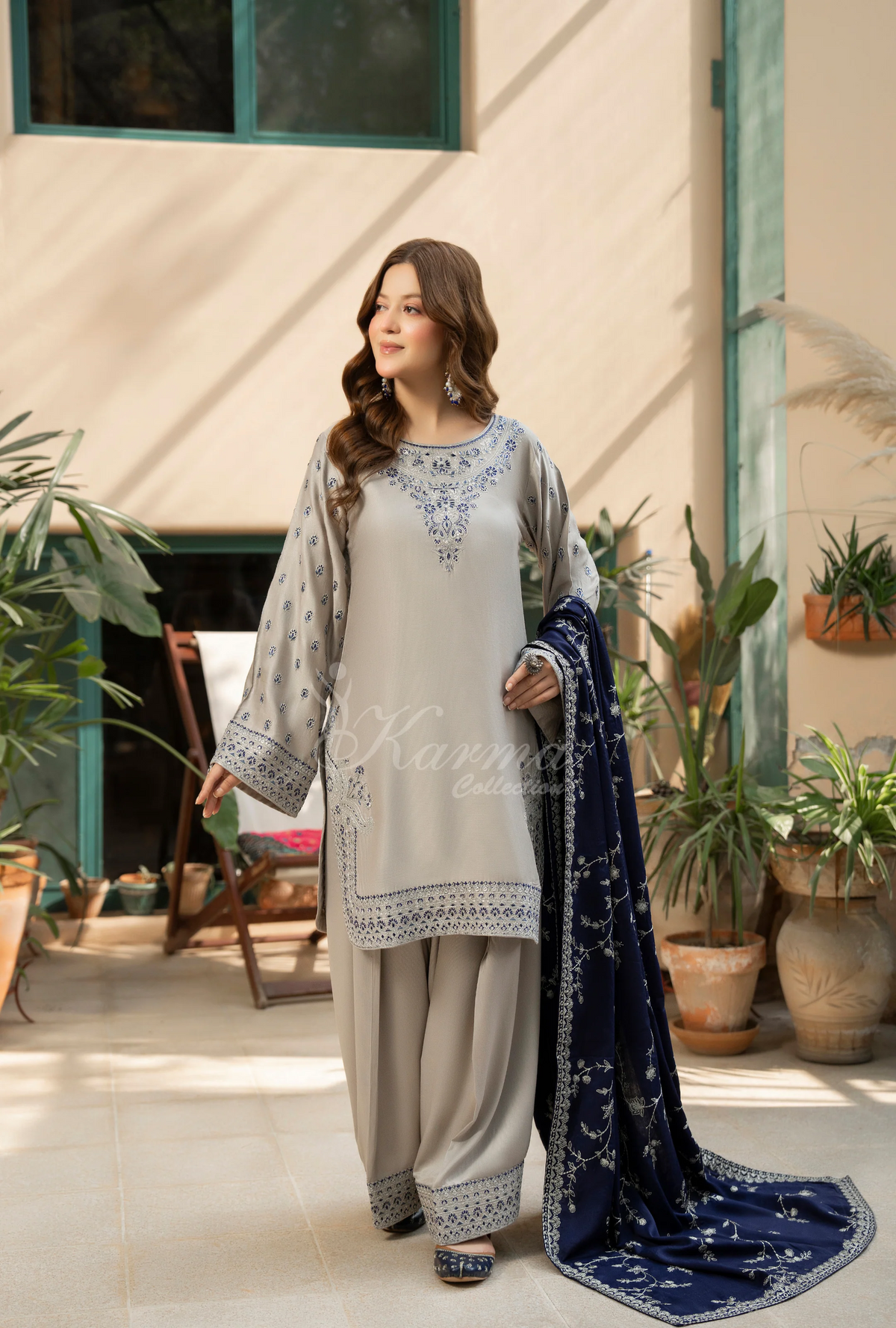 Karma Collection Winter Luxury Edition 3 Piece Embroidered Kotrai SILVER Shirt with Dupatta & Shalwar for Elegant Outfits KC-1523