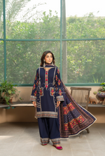 Karma Collection Winter Luxury Edition 3 Piece Embroidered Kotrai PEACOCK BLUE Shirt with Dupatta & Shalwar for Elegant Outfits KC-1521