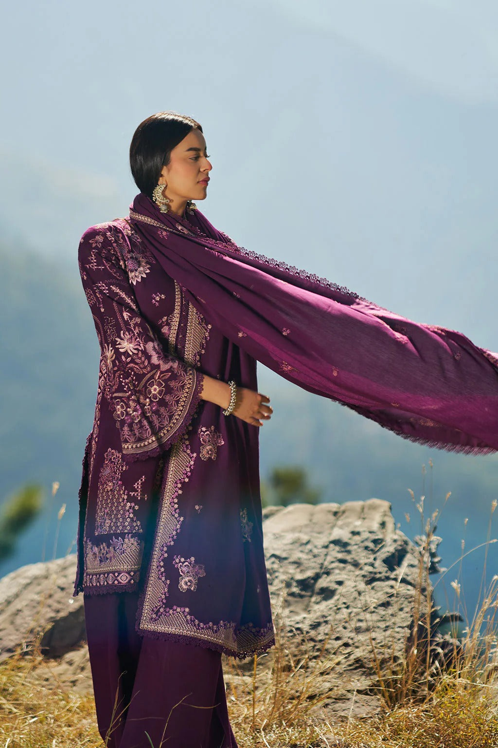 Reet By Ramsha - Three piece embroidered karandi suits with embroidered karandi shawls stitched & embellished | Original Ramsha Karandi Collection 2025 | R-1307