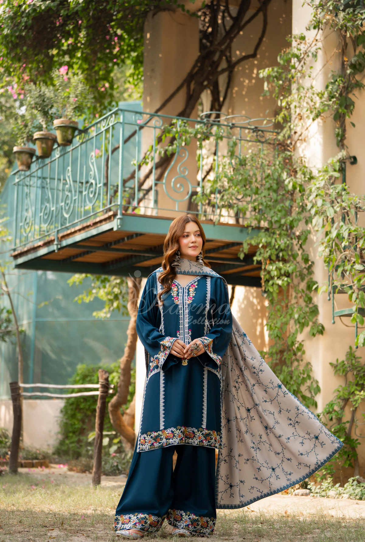 Karma Collection Winter Luxury Edition 3 Piece Embroidered Kotrai TURQUOISE Shirt with Dupatta & Shalwar for Elegant Outfits KC-1524