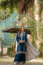 Karma Collection Winter Luxury Edition 3 Piece Embroidered Kotrai TURQUOISE Shirt with Dupatta & Shalwar for Elegant Outfits KC-1524