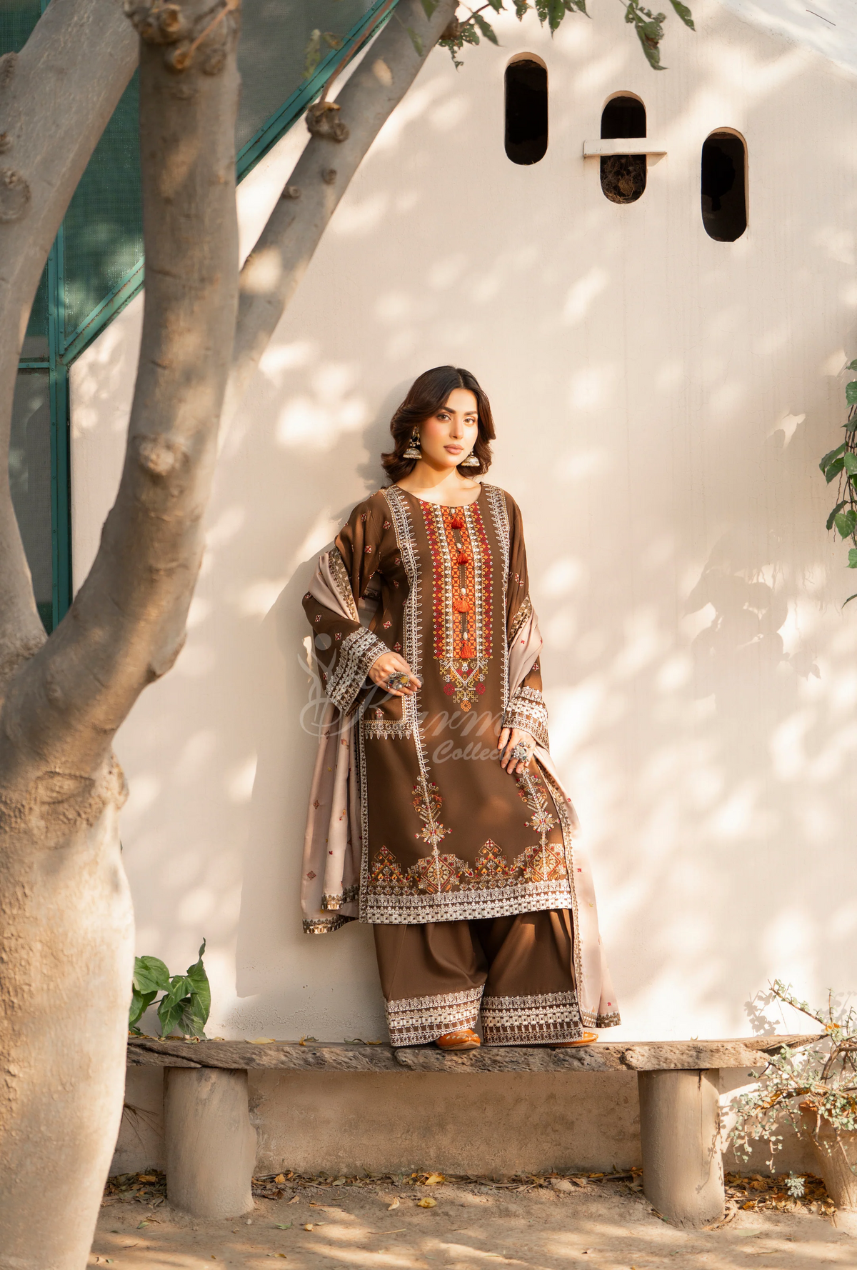 Karma Collection Winter Luxury Edition 3 Piece Embroidered Kotrai CAMEL Shirt withDupatta & Shalwar for Elegant Outfits KC-1522