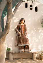 Karma Collection Winter Luxury Edition 3 Piece Embroidered Kotrai CAMEL Shirt withDupatta & Shalwar for Elegant Outfits KC-1522