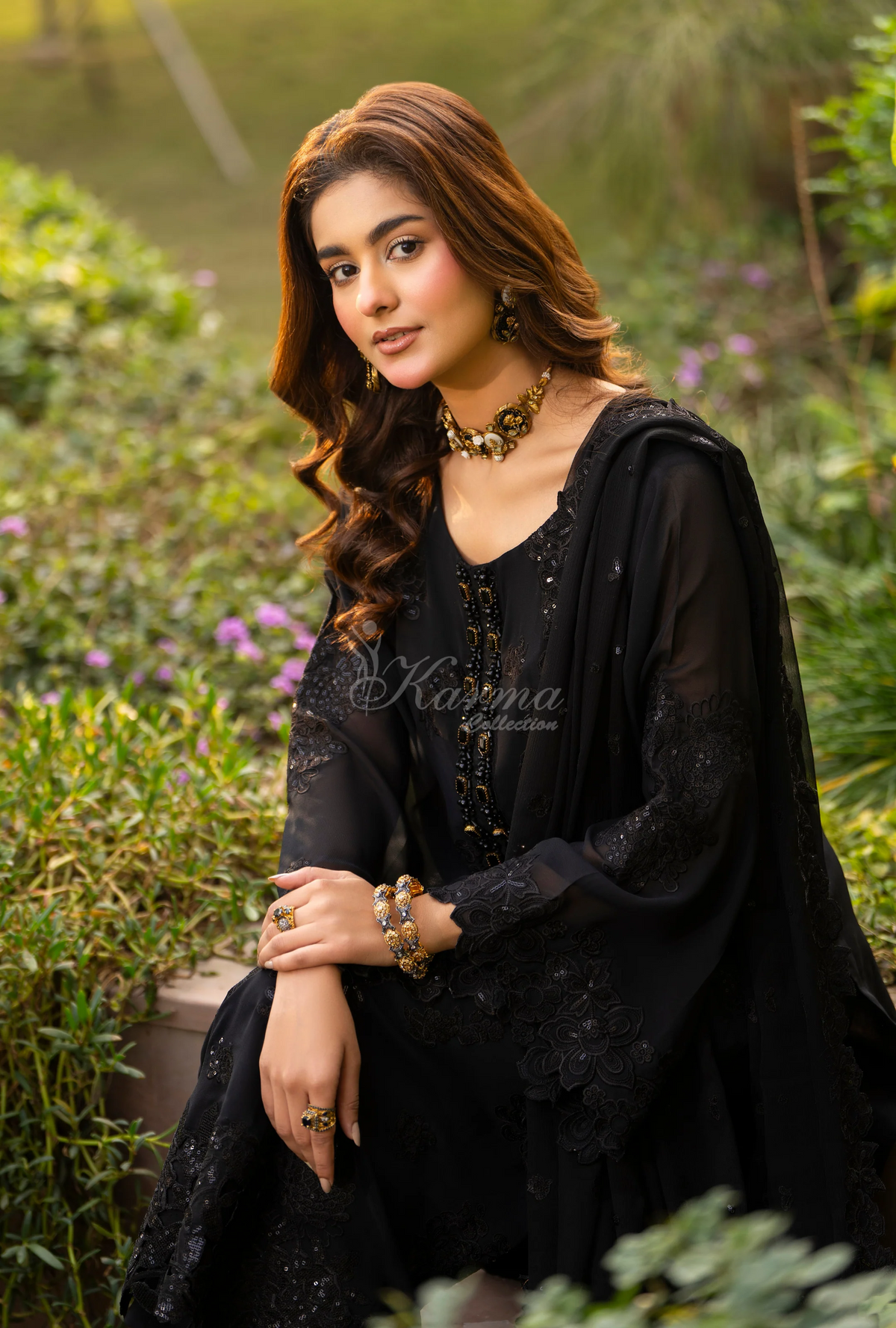 Chiffon 3 Piece Embroidered Hayat Karma Collection DARK RAVEN F-497
