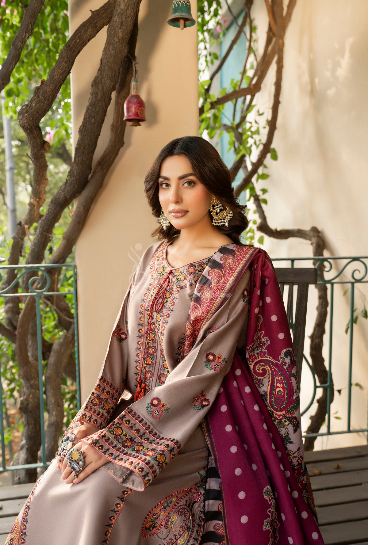 Karma Collection Winter Luxury Edition 3 Piece Embroidered Kotrai NUDE BROWN Shirt withDupatta & Shalwar for Elegant Outfits KC-1527