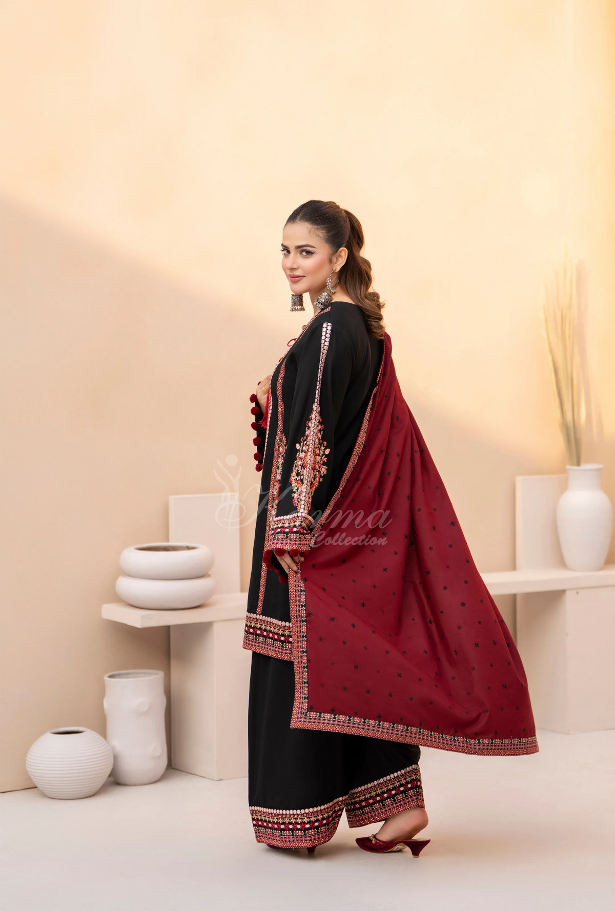 Winter Luxury 3 Piece Embroidered Mishaal Karma CollectionBLOODSTONE SKU:KC-1532