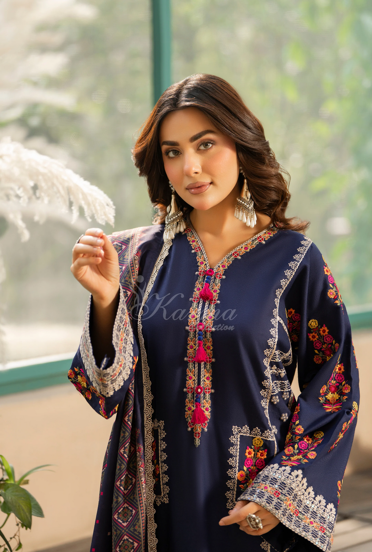 Karma Collection Winter Luxury Edition 3 Piece Embroidered Kotrai PEACOCK BLUE Shirt with Dupatta & Shalwar for Elegant Outfits KC-1521