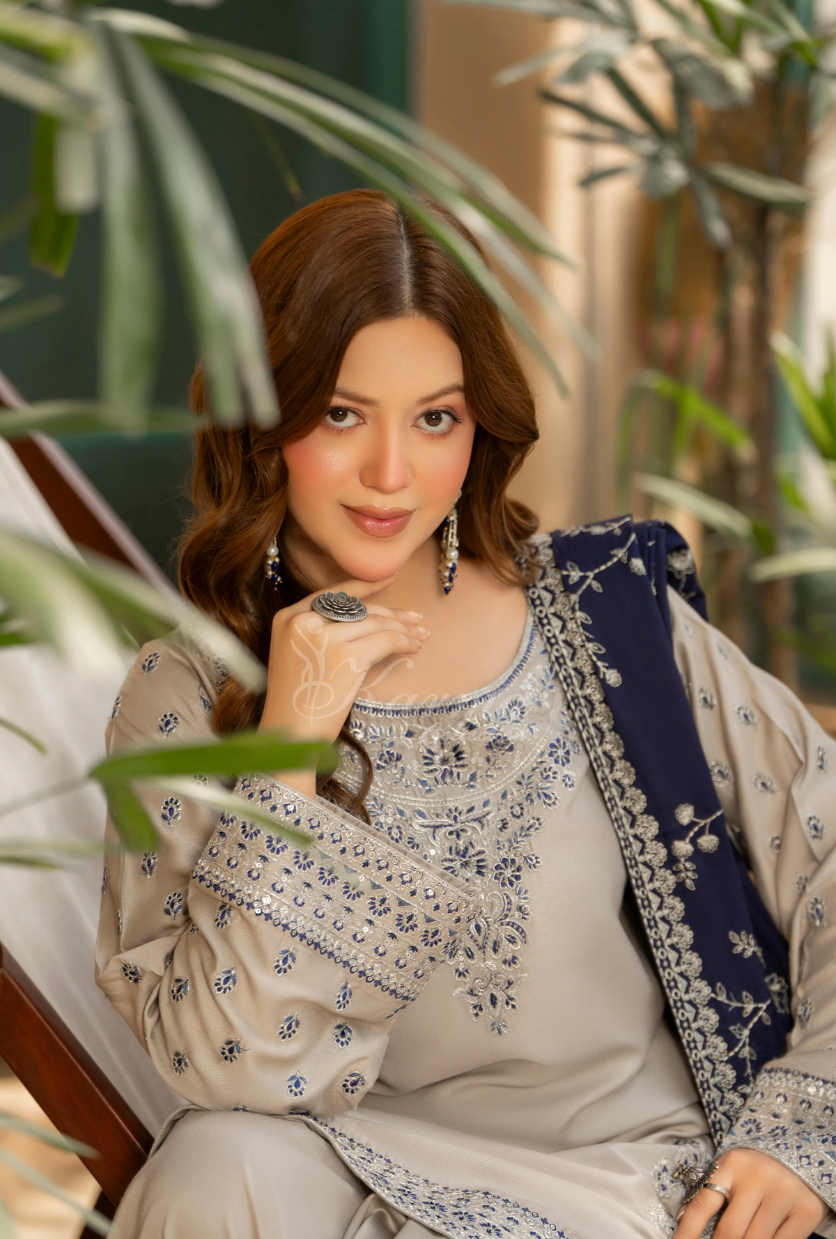 Karma Collection Winter Luxury Edition 3 Piece Embroidered Kotrai SILVER Shirt with Dupatta & Shalwar for Elegant Outfits KC-1523