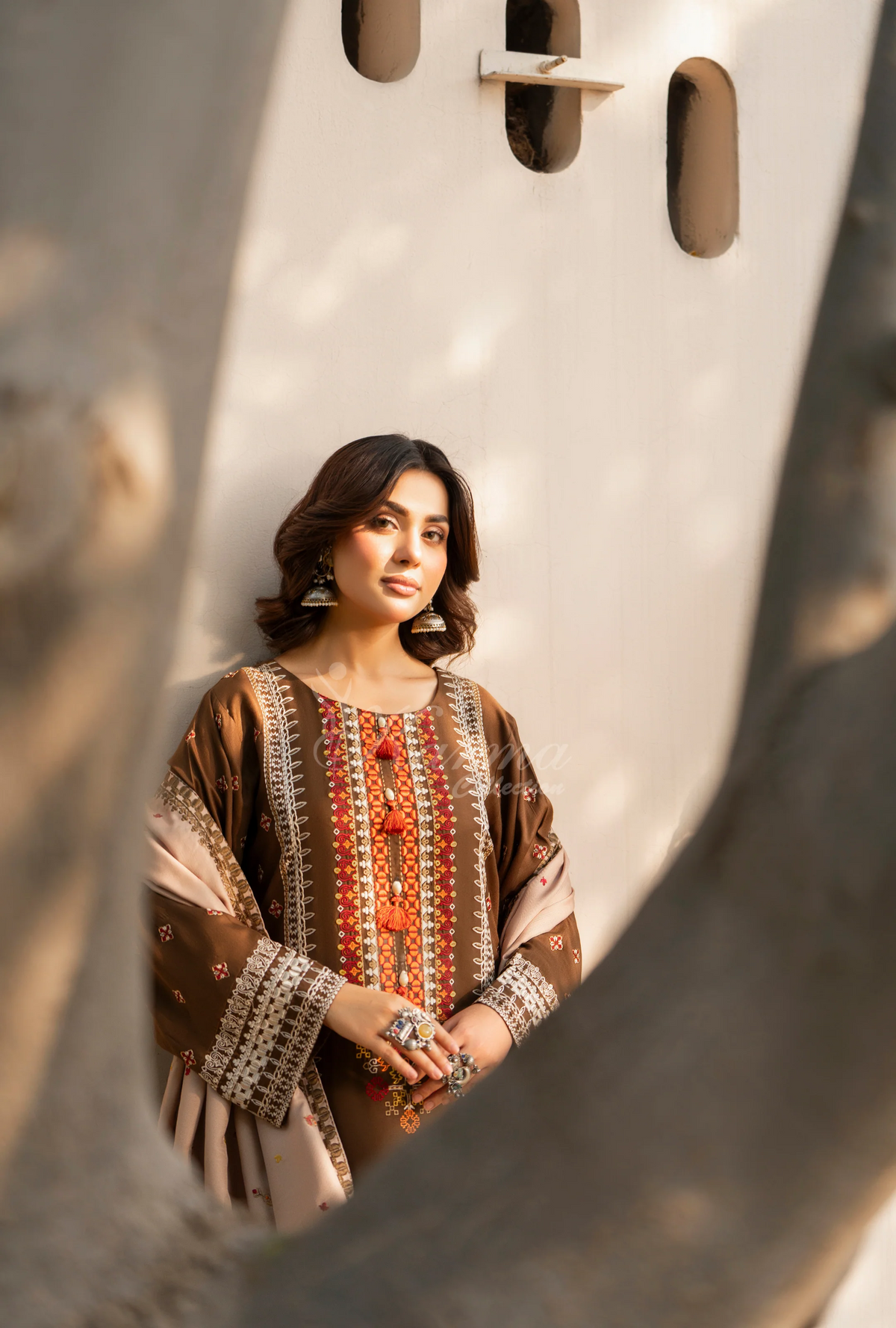 Karma Collection Winter Luxury Edition 3 Piece Embroidered Kotrai CAMEL Shirt withDupatta & Shalwar for Elegant Outfits KC-1522