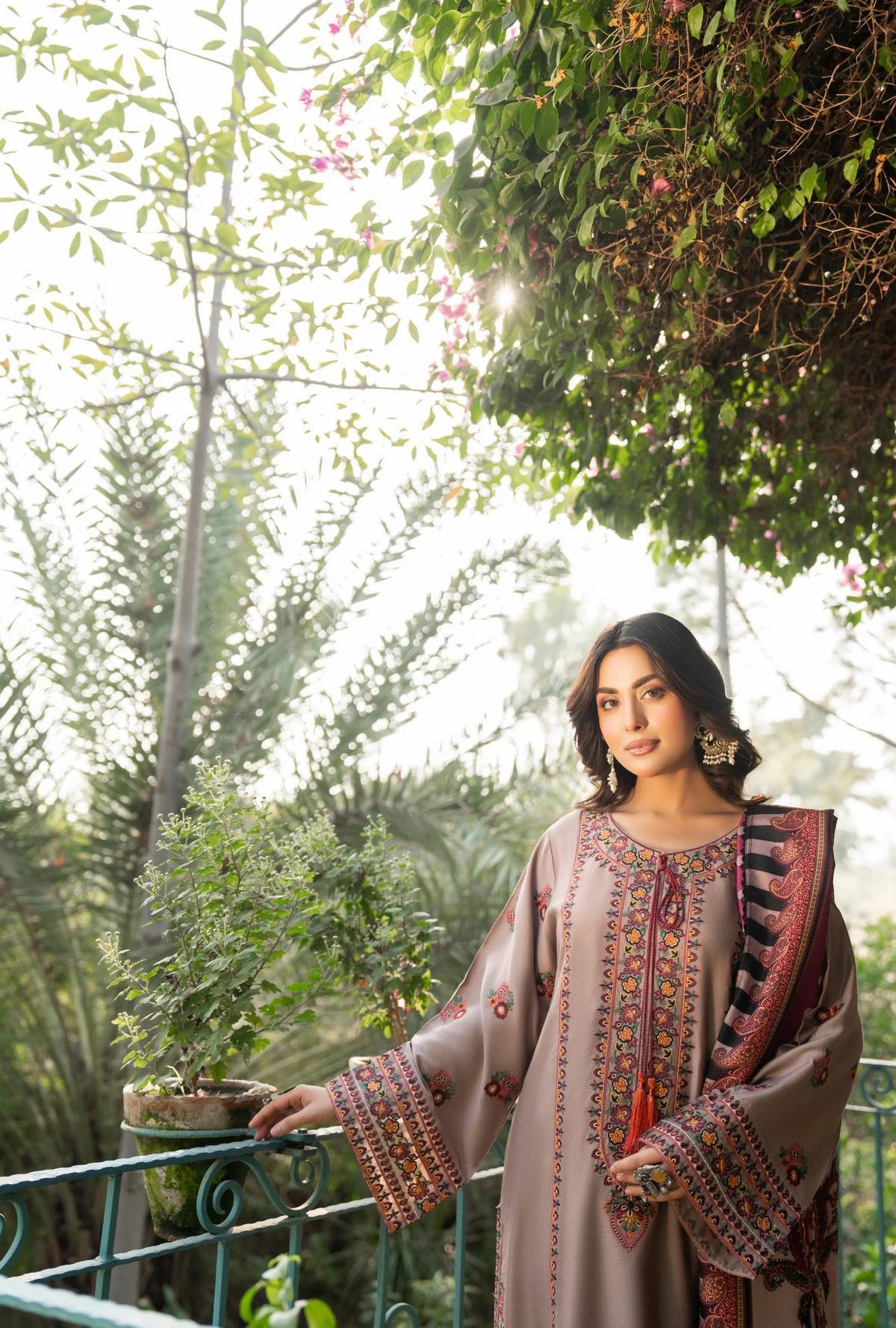 Karma Collection Winter Luxury Edition 3 Piece Embroidered Kotrai NUDE BROWN Shirt withDupatta & Shalwar for Elegant Outfits KC-1527