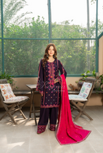 Karma Collection Winter Luxury Edition 3 Piece Embroidered Kotrai MAGENTA Shirt withDupatta & Shalwar for Elegant Outfits KC-1528