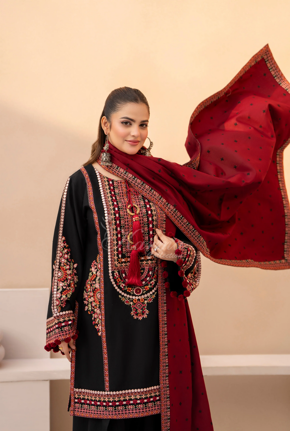 Winter Luxury 3 Piece Embroidered Mishaal Karma CollectionBLOODSTONE SKU:KC-1532