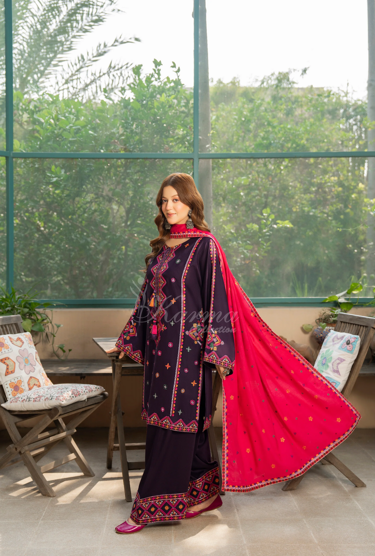 Karma Collection Winter Luxury Edition 3 Piece Embroidered Kotrai MAGENTA Shirt withDupatta & Shalwar for Elegant Outfits KC-1528