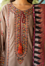 Karma Collection Winter Luxury Edition 3 Piece Embroidered Kotrai NUDE BROWN Shirt withDupatta & Shalwar for Elegant Outfits KC-1527