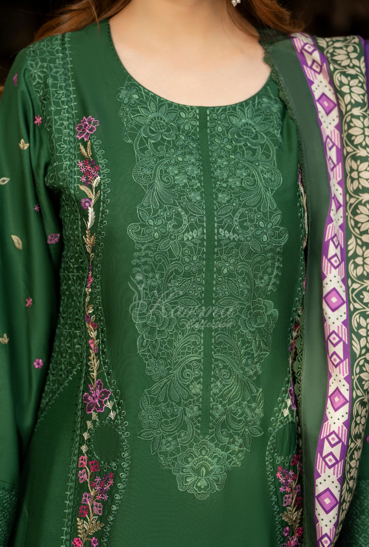 Karma Collection Winter Luxury Edition 3 Piece Embroidered Kotrai JADE Shirt with Dupatta & Shalwar for Elegant Outfits KC-1526