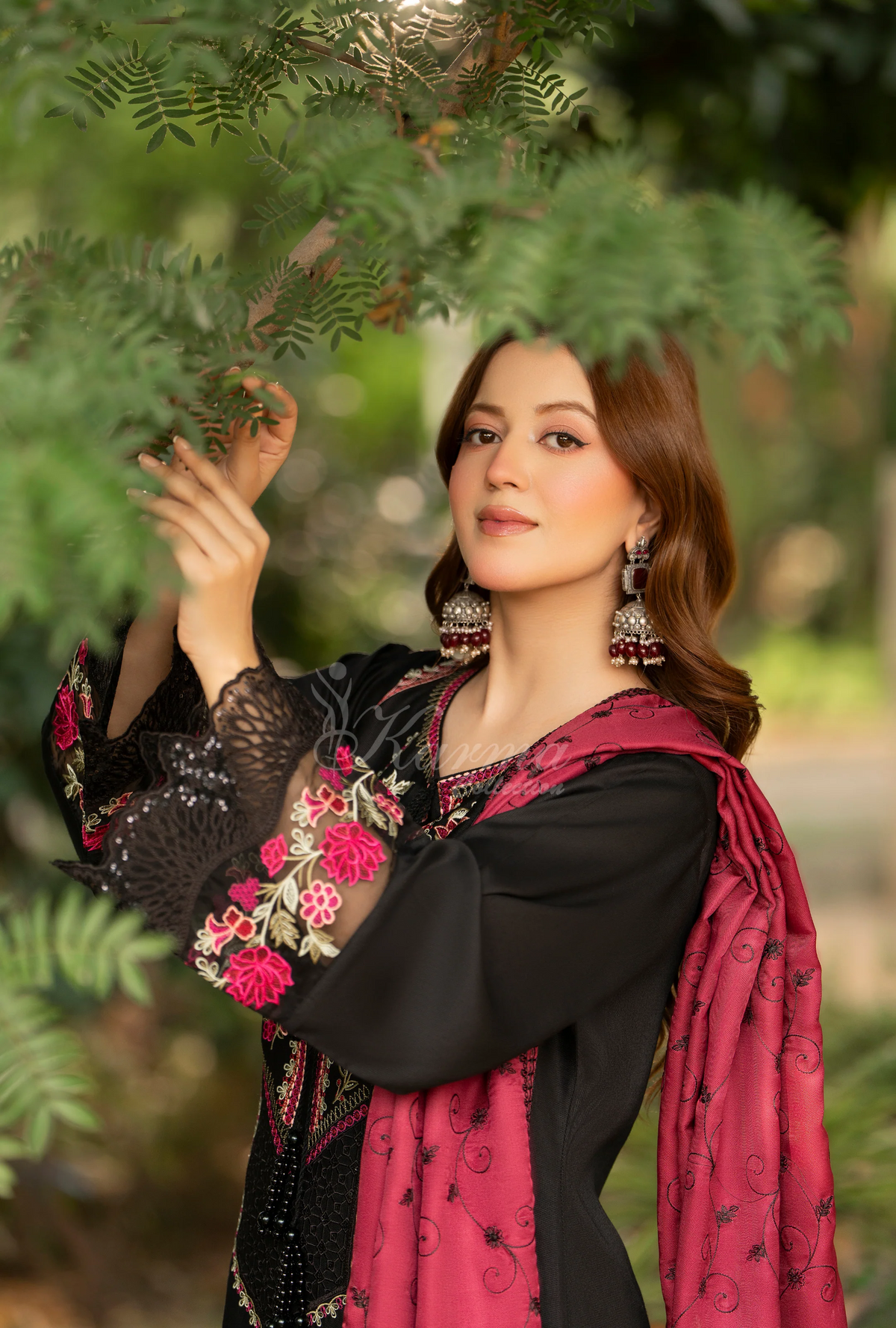 Karma Collection Winter Luxury Edition 3 Piece Embroidered Kotrai BLACK CHERRY Shirt withDupatta & Shalwar for Elegant Outfits KC-1529