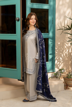 Karma Collection Winter Luxury Edition 3 Piece Embroidered Kotrai SILVER Shirt with Dupatta & Shalwar for Elegant Outfits KC-1523