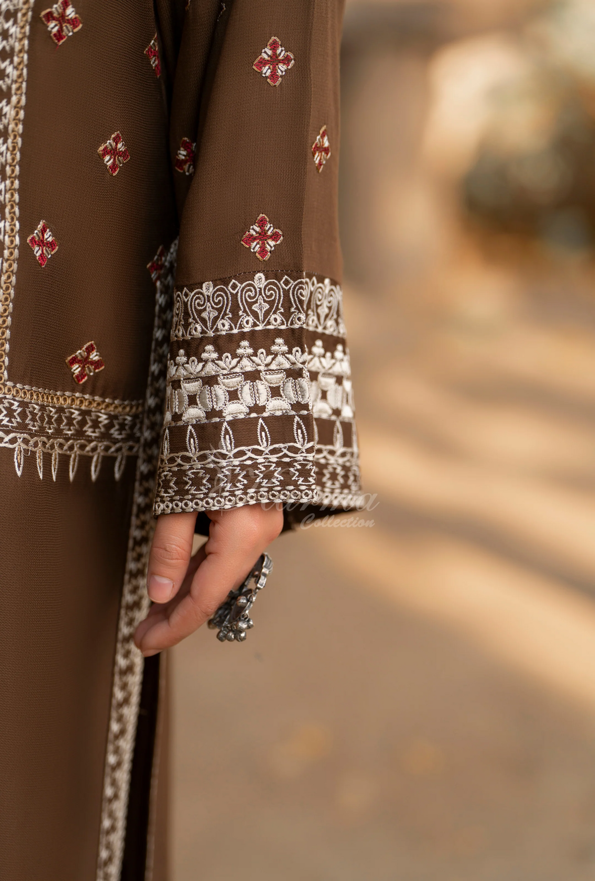 Karma Collection Winter Luxury Edition 3 Piece Embroidered Kotrai CAMEL Shirt withDupatta & Shalwar for Elegant Outfits KC-1522