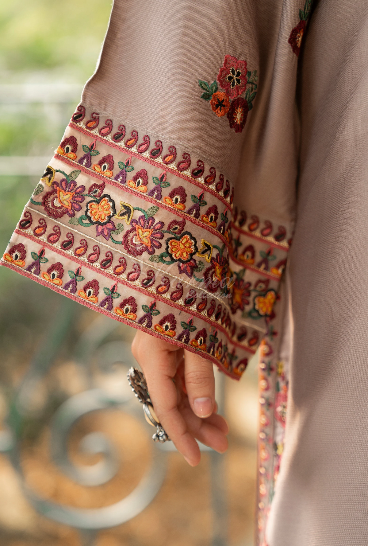 Karma Collection Winter Luxury Edition 3 Piece Embroidered Kotrai NUDE BROWN Shirt withDupatta & Shalwar for Elegant Outfits KC-1527