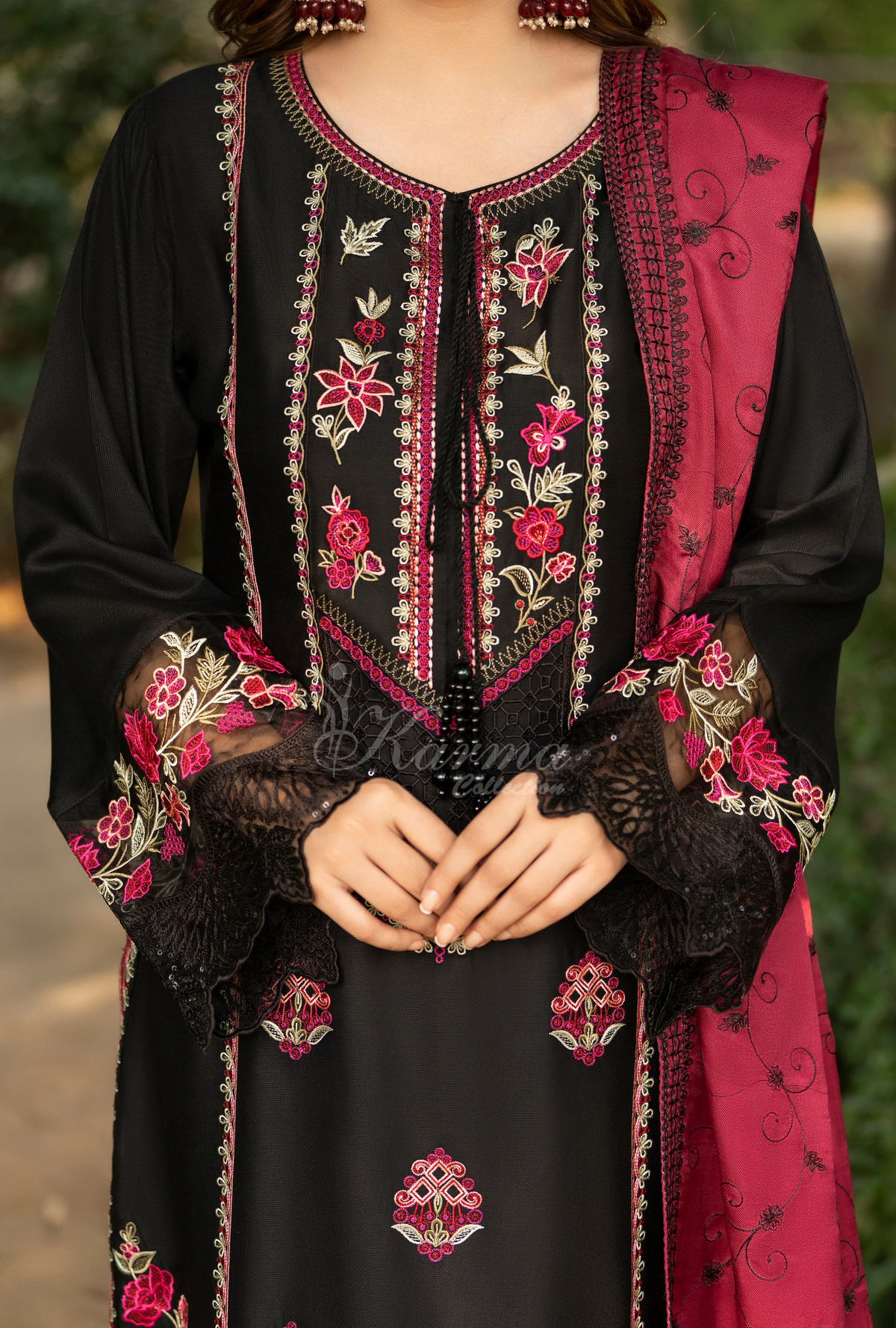 Karma Collection Winter Luxury Edition 3 Piece Embroidered Kotrai BLACK CHERRY Shirt withDupatta & Shalwar for Elegant Outfits KC-1529