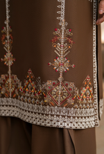 Karma Collection Winter Luxury Edition 3 Piece Embroidered Kotrai CAMEL Shirt withDupatta & Shalwar for Elegant Outfits KC-1522