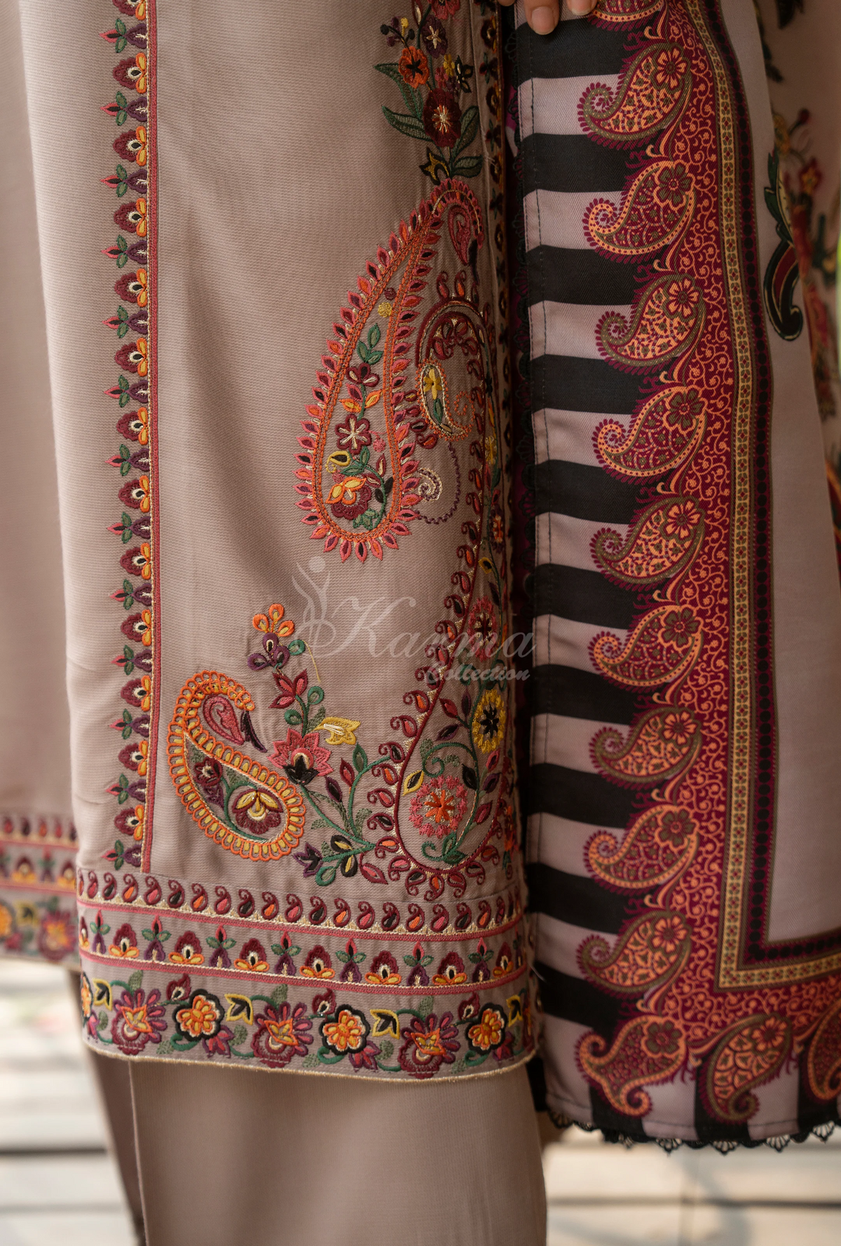 Karma Collection Winter Luxury Edition 3 Piece Embroidered Kotrai NUDE BROWN Shirt withDupatta & Shalwar for Elegant Outfits KC-1527