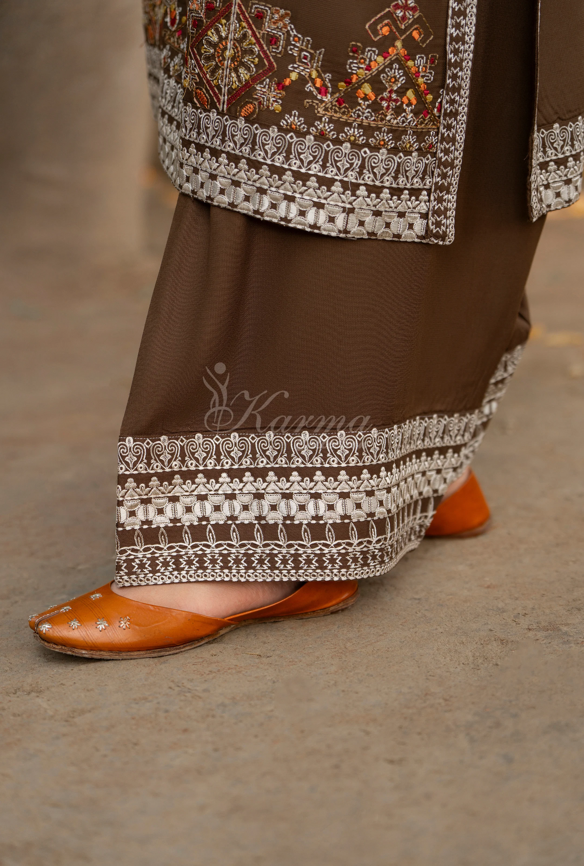 Karma Collection Winter Luxury Edition 3 Piece Embroidered Kotrai CAMEL Shirt withDupatta & Shalwar for Elegant Outfits KC-1522