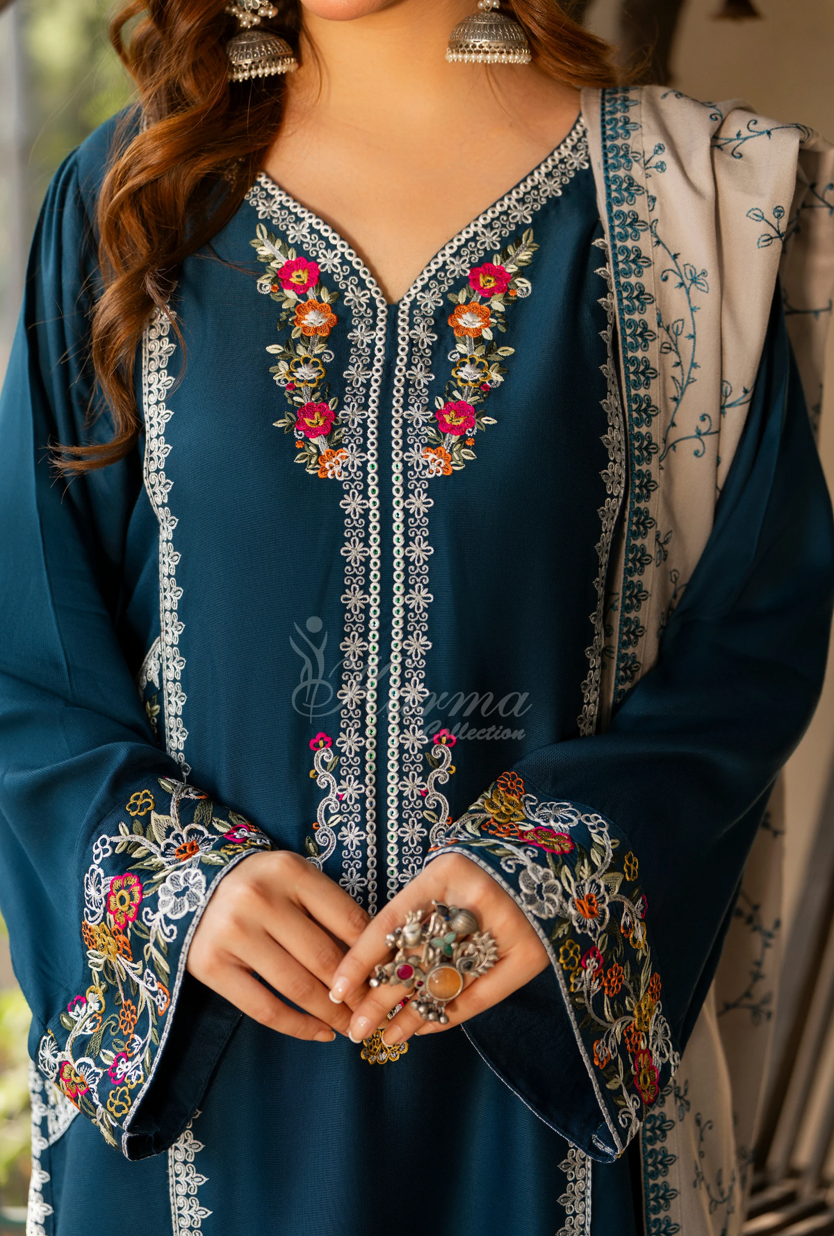 Karma Collection Winter Luxury Edition 3 Piece Embroidered Kotrai TURQUOISE Shirt with Dupatta & Shalwar for Elegant Outfits KC-1524