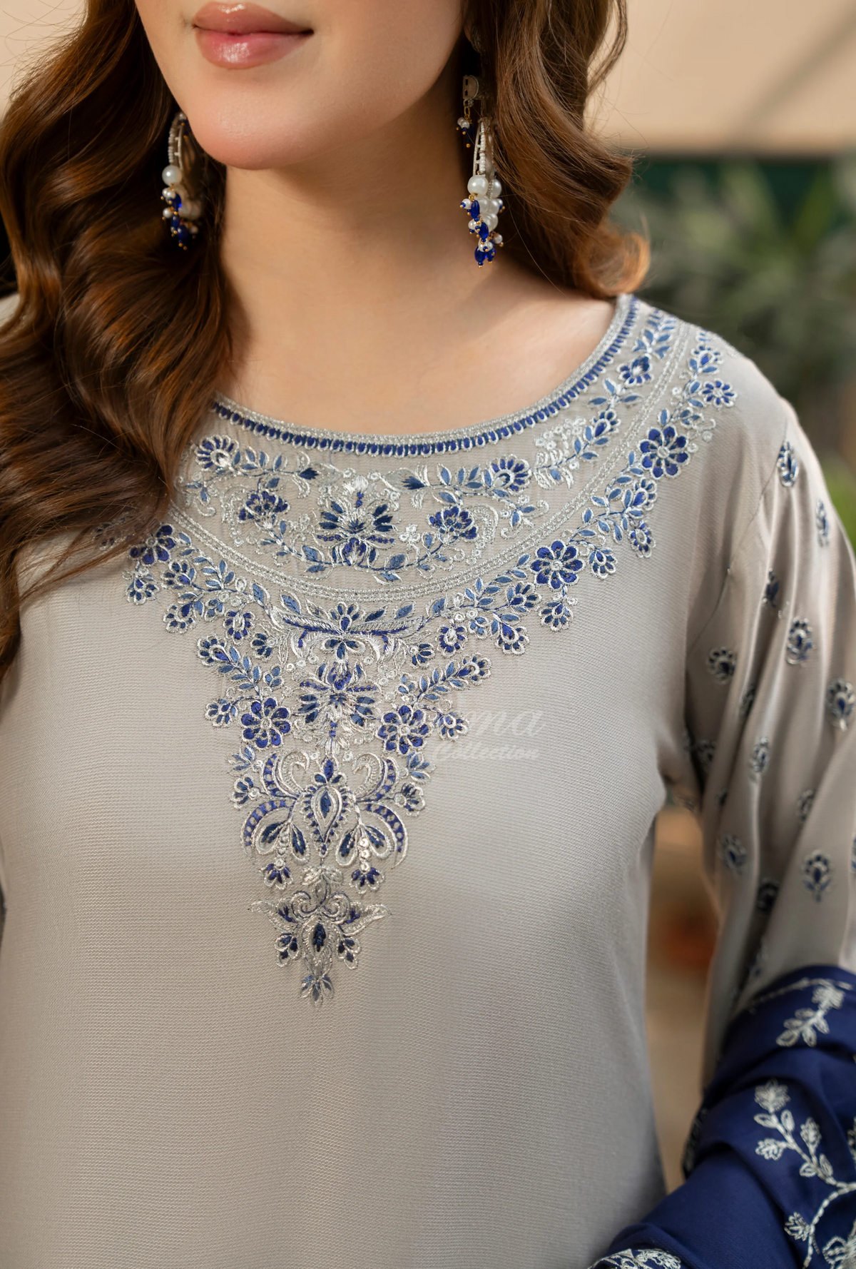 Karma Collection Winter Luxury Edition 3 Piece Embroidered Kotrai SILVER Shirt with Dupatta & Shalwar for Elegant Outfits KC-1523