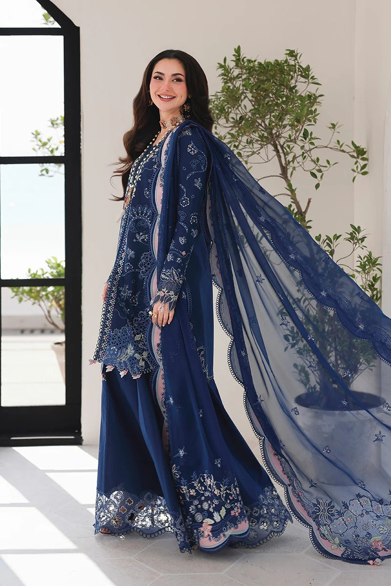 Qalamkar SA-16 Esma navy blue suit side pose with dupatta