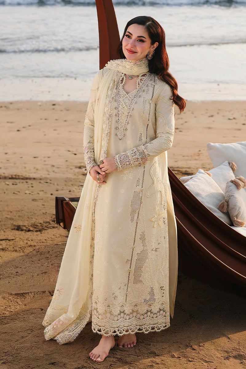 Qalamkar SA-03 Safa stitched suit model pose elegant embroidered outfit UK