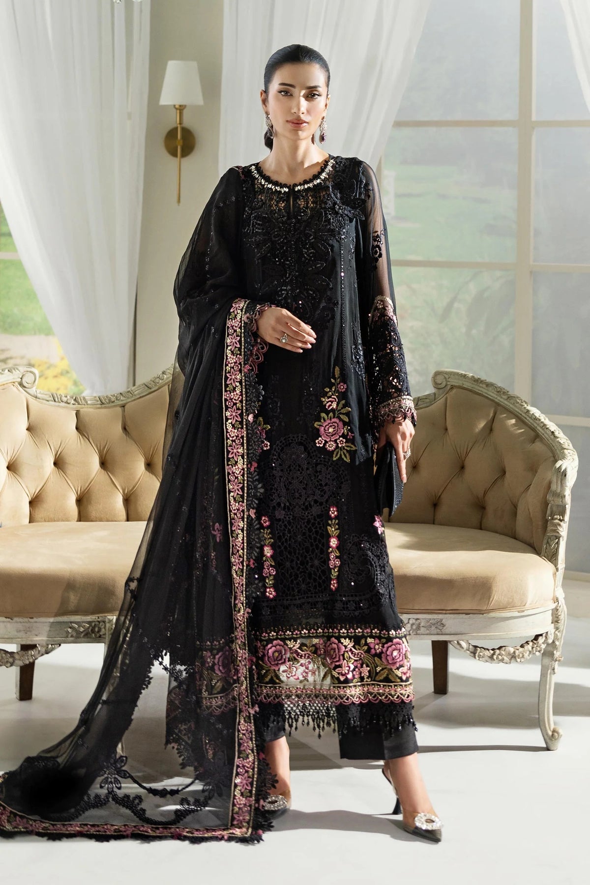 3 Piece stitched Embroidered Chiffon Suit | MPC-25-104 Black