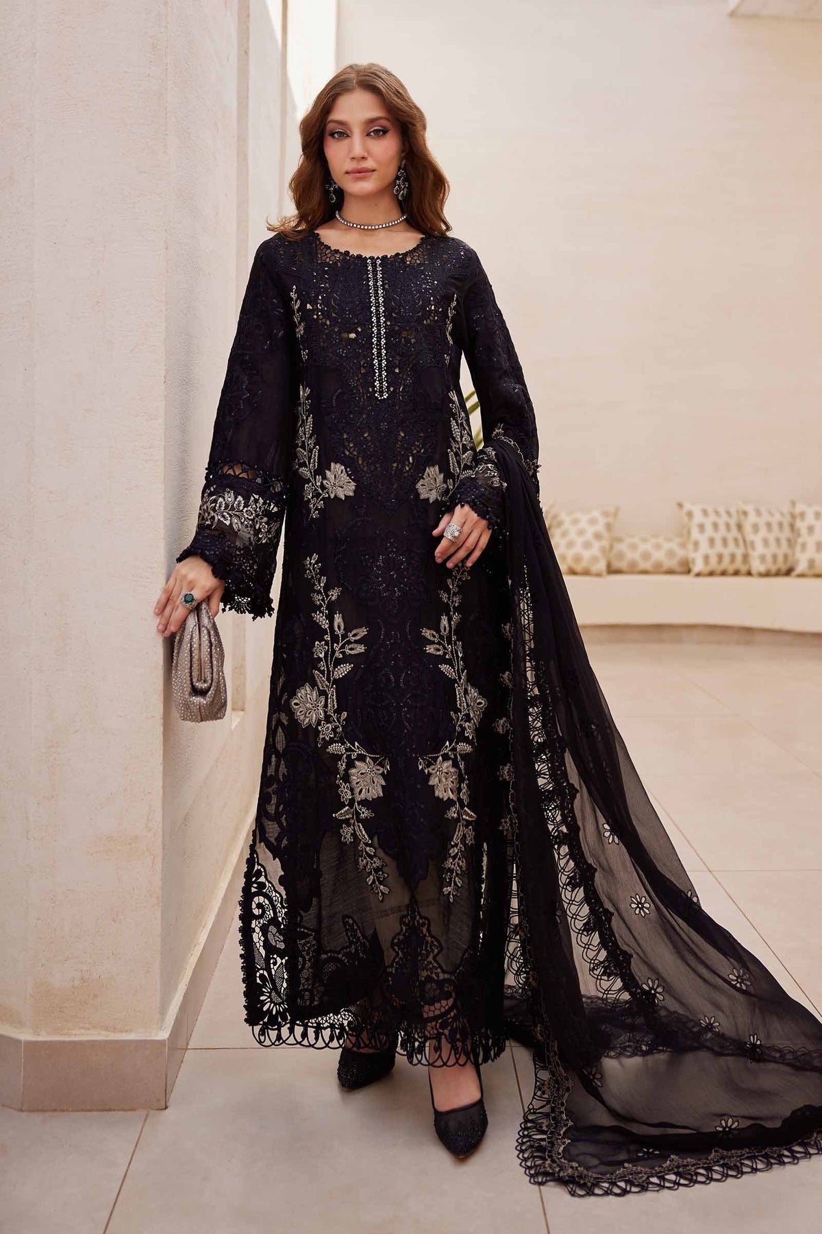 3 Piece stitched Embroidered Chiffon Suit | MPC-25-104 Black