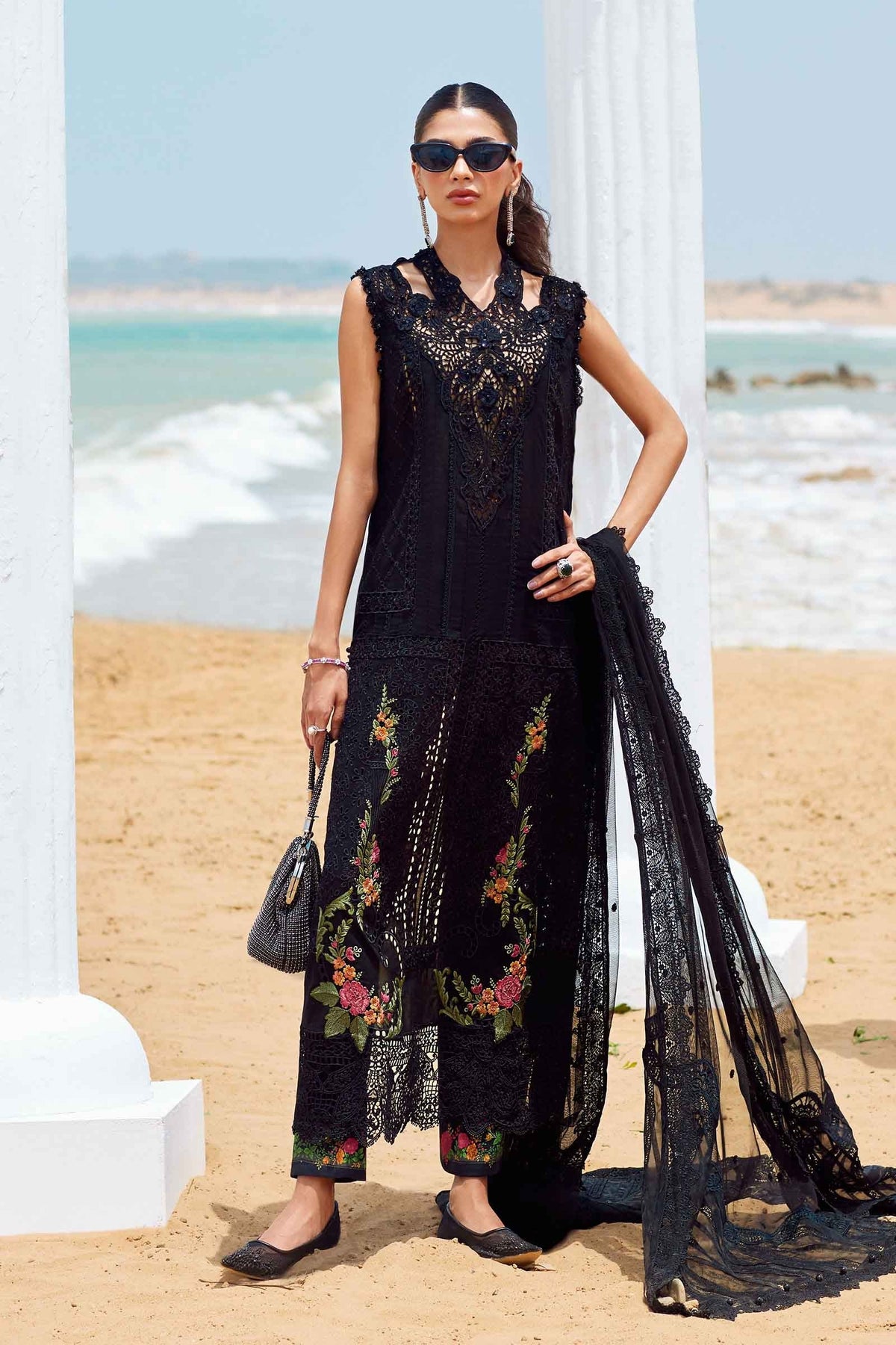 3 Piece stitched Embroidered Chiffon Suit | MPC-25-104 Black