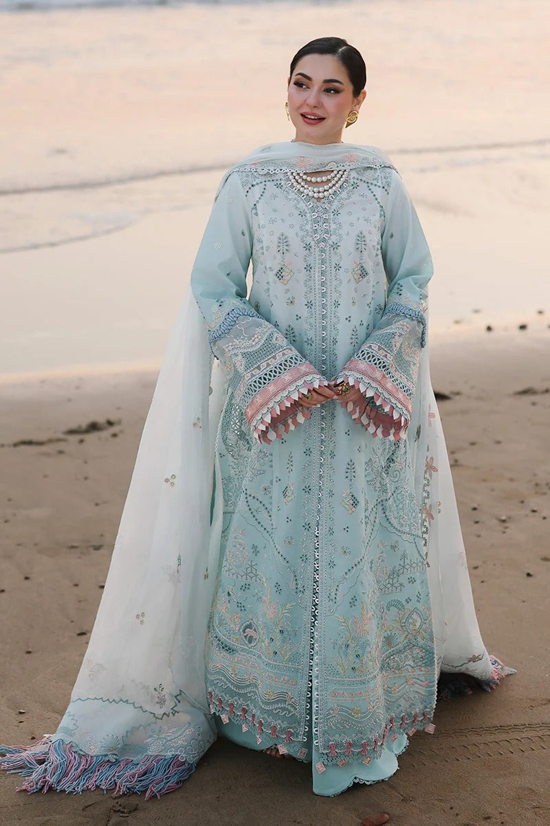 Qalamkar SA-05 Ayra powder blue stitched 3 piece suit full front view