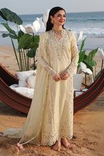Qalamkar SA-03 Safa full length stitched 3 piece suit butter yellow front view UK