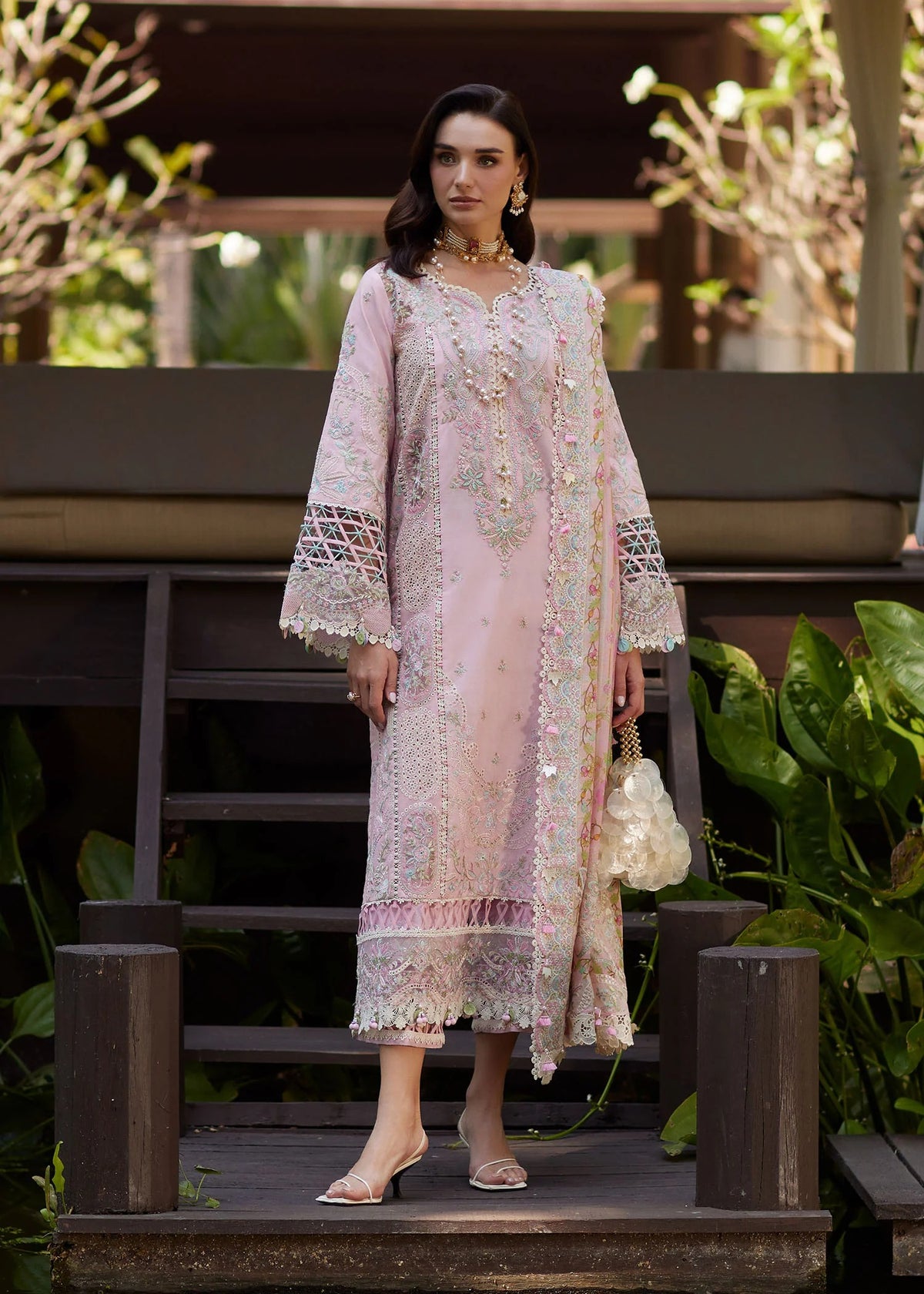 Kanwal Malik Vivian stitched 3 piece powder pink outfit detailed view